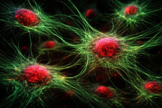 Microscopic image of human neuroblastoma cells with red stained nuclei and green stained microfilaments