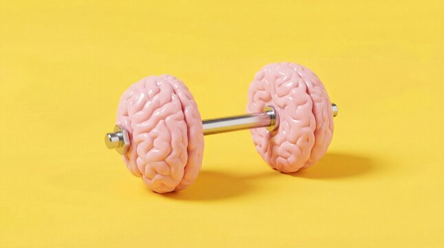 Dumbbell made of human brains on a yellow background, concept of mental exercise and brain training