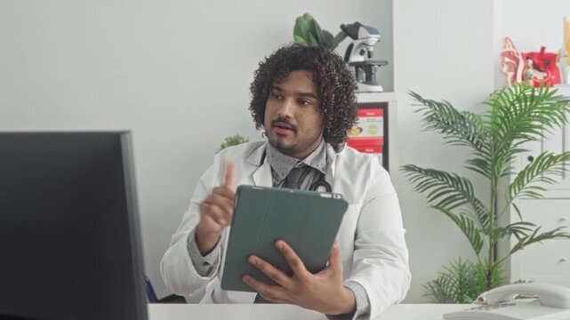 Man doctor holds tablet and points finger to screen in clinic, seated at desk with computer and stethoscope visible; compassion telemedicine.