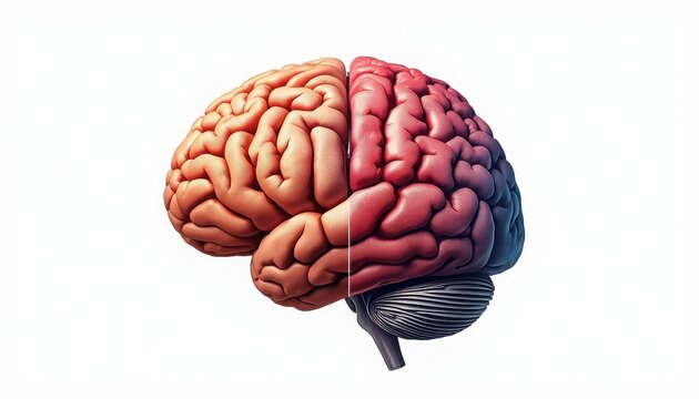 Human brain with colorful hemispheres isolated on white background
