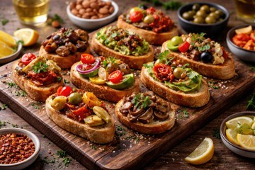 Obraz premium Variety of vegan Spanish pinchos artfully arranged on a rustic wooden tray