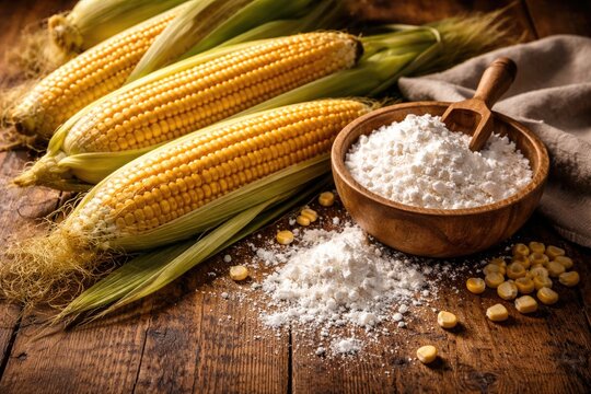 Yellow corn cobs with husks beside scattered cornstarch on rustic wooden tabletop