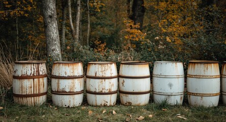 Obraz premium Set of old rusty white barrels lined up before a blurred woodland scene