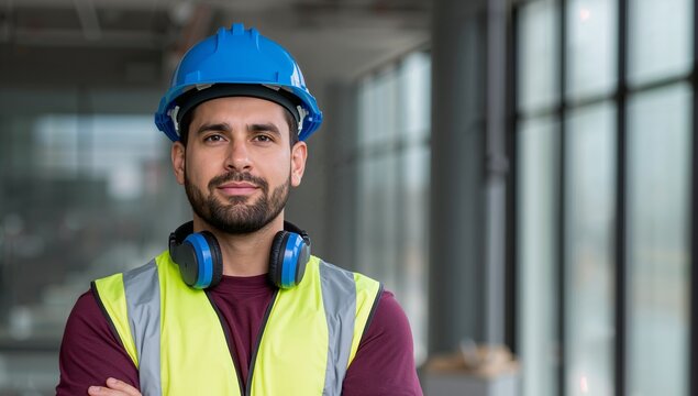 Portrait of a confident construction worker wearing a hard hat and safety vest with arms crossed