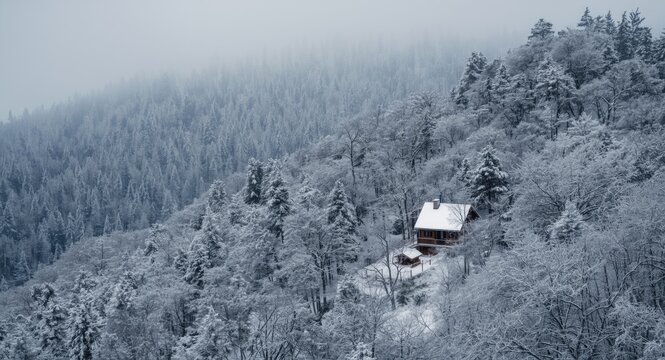 Winter forest and hillside vista with a cute house covered in snow