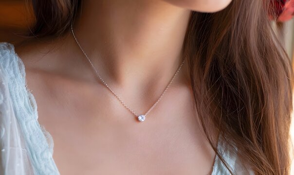 beautiful woman wearing a delicate round zircon pendant necklace 