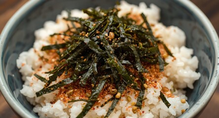 Vegan furikake seasoning with shredded seaweed topping on cooked rice