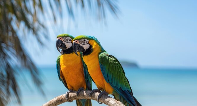 Tropical parrots enjoying sunny coastal air with copy space for text