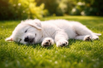 Happy full length view of a playful white puppy napping on lush green grass lawn during a summer day