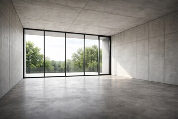 Fototapeta premium Interior view of a modern empty room with concrete flooring and expansive window