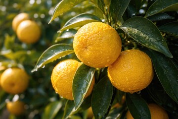 Fototapeta premium Close up of ripe yellow yuzu fruits on a Japanese citrus bush