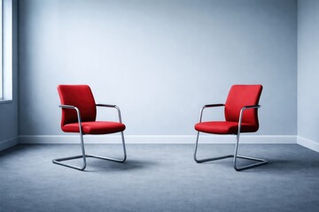 Obraz premium Professional consultation scene with two red chairs facing each other in a corporate interview room featuring a soft blue wall and floor with empty copy space