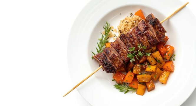 Skewered duck breast with roasted root vegetables beautifully plated on a white dish