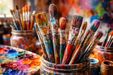 Fototapeta premium Colorful assortment of paint brushes inspiring creative artist work