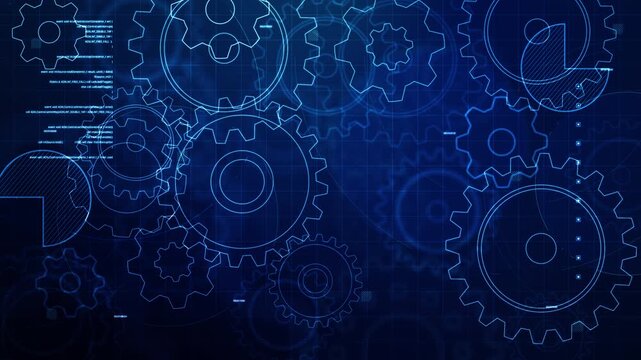Futuristic mechanical gears blueprint animation with digital grid and system interface, engineering and industrial technology concept background