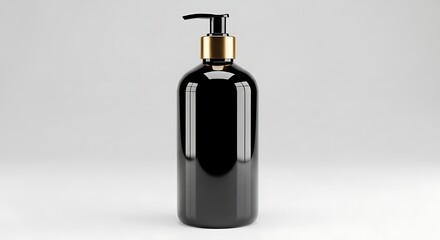 Fototapeta premium Elegant Black Soap Dispenser with Gold Accents on a Clean White Background.