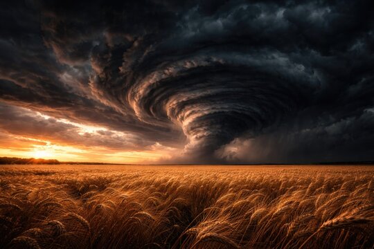 Stormy skies with dark clouds over golden wheat field at dusk with swirling cyclones