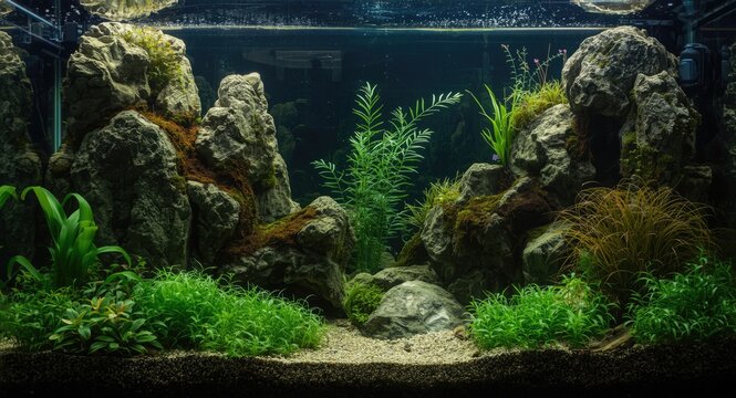 Naturalistic aquarium setup focusing on plants and rock arrangements