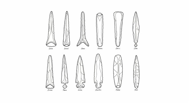 A collection of ancient stone tool illustrations diverse arrowhead and spearhead shapes for archaeological study