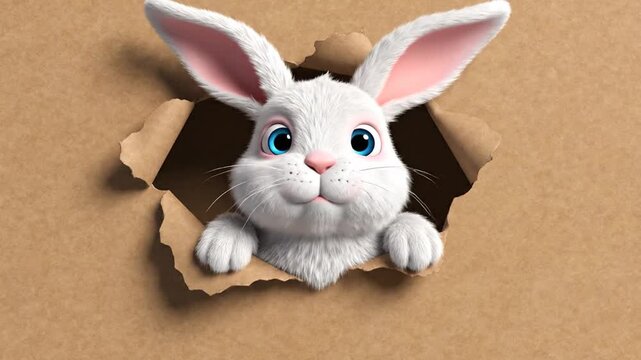 White rabbit peeking through torn paper background illustration concept