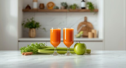 Two glasses filled with carrot juice accompanied by fresh celery and green apple for health focus