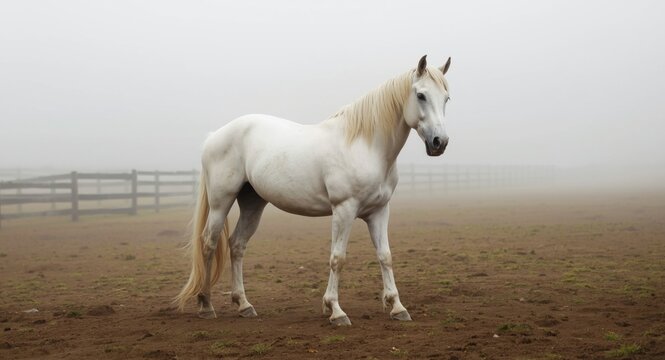 White horse standing in foggy ranch scene conveying nobility and readiness