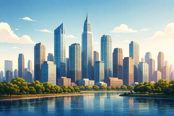 Obraz premium Flat style illustration of a modern city skyline with skyscrapers