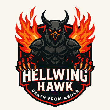 Set with demonic hellwing hawk in fiery flames for edgy brands, sports teams or adventurous products and services.