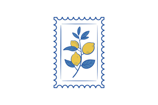 Blue and yellow lemons on branch in white stamp frame with blue border leaves
