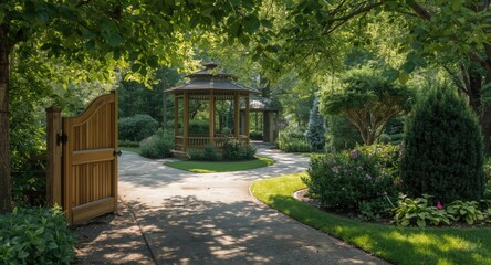 Fototapeta premium Spacious copy space with wooden driveway gate entrance enhanced by gazebo and lush garden landscaping