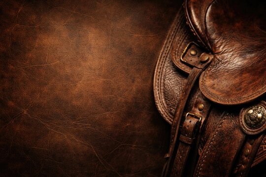 Close up view of distressed leather saddle texture with empty copy space for personalized text and detailed long shot angle