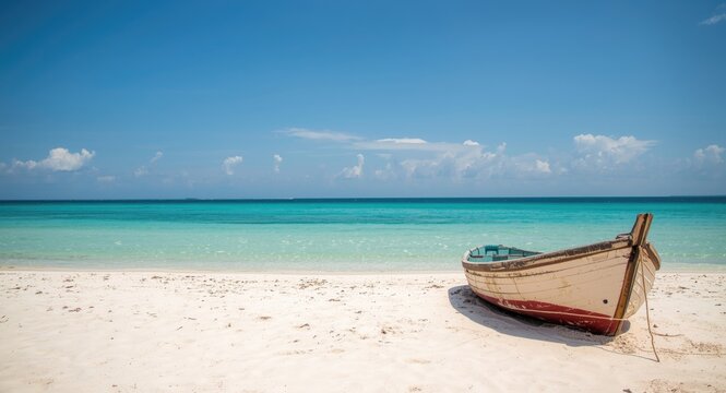 Serene sunny beach with antique boat placed on white sand and calm turquoise sea beneath light blue summer skies