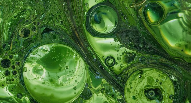 Visual of glass bubble formations within a green tinted organic fluid