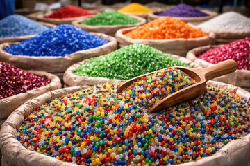 Fototapeta premium Vibrant recycled plastic granules in assorted colors for sustainable manufacturing projects