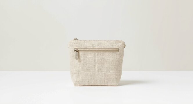 white textured jute doypack purse with zipper displayed on blank background
