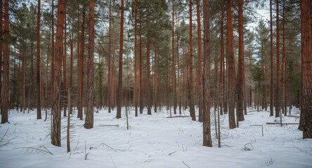 Fototapeta premium Taiga pine forest in winter with snow layers on ground and tree branches