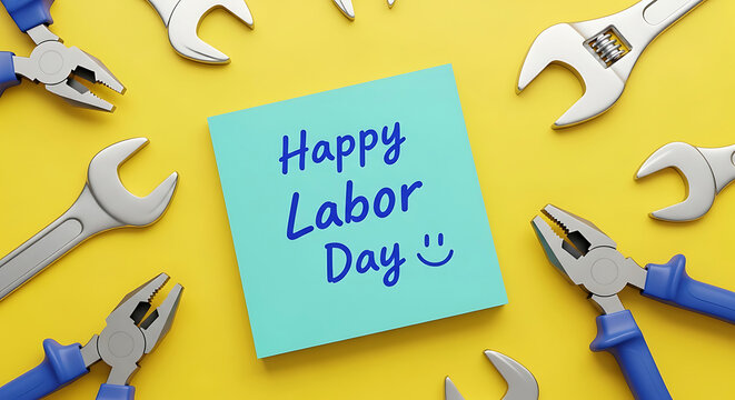 Blue sticky note with Happy Labor Day message surrounded by various wrenches on yellow background
