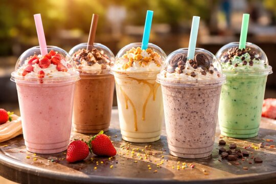 assorted delicious milkshakes served in disposable plastic cups with colorful straws on an outdoor table