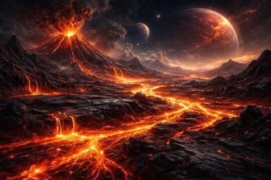 Neural network generated artwork of lava flow on an alien planet's volcanic surface