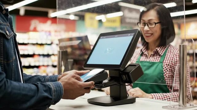 Customer Making Contactless Payment at Supermarket Checkout