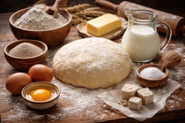 Fototapeta premium Fresh Baking Ingredients with Yeast Dough, Eggs, and Milk on Wooden Board