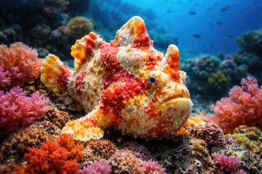 Colorful frogfish resting on a coral ocean bed