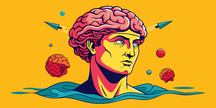 Surreal collage of a classical bust with a floating brain on a yellow background