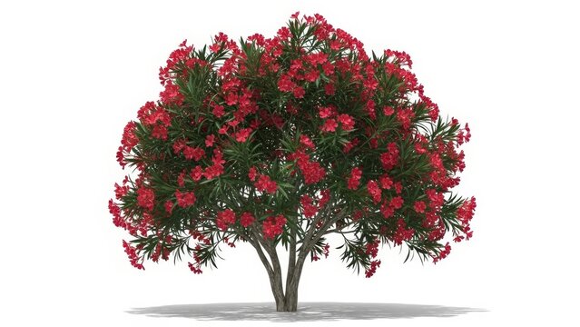 Blooming Red Oleander Bush Plant Isolated on White Background in Full Bloom with Green Leaves and Red Flowers