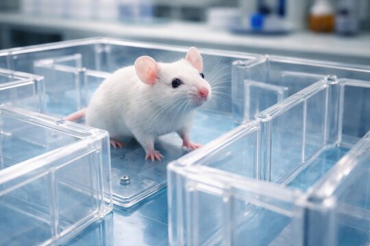 Laboratory mouse exploring plastic maze in spatial learning study