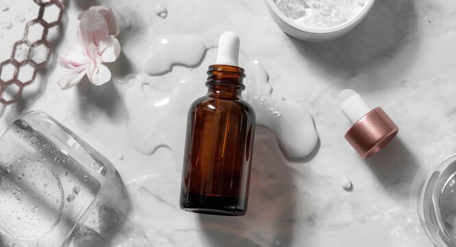 White laboratory background with lactic acid liquid in dark glass bottle for cosmetic skincare experiments