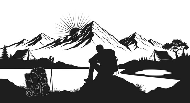 Silhouette of a hiker contemplating mountains at sunrise adventure concept