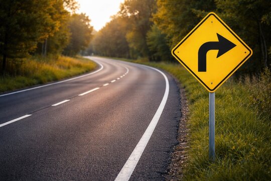 Asphalt road with empty traffic sign showing right turn direction