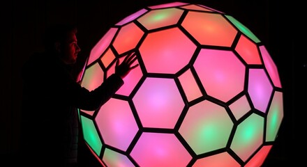 A person touches a large glowing soccer ball with hexagonal panels in a dark room.