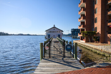Obraz premium Sunny waterfront pier with apartments and water in Norfolk Virginia